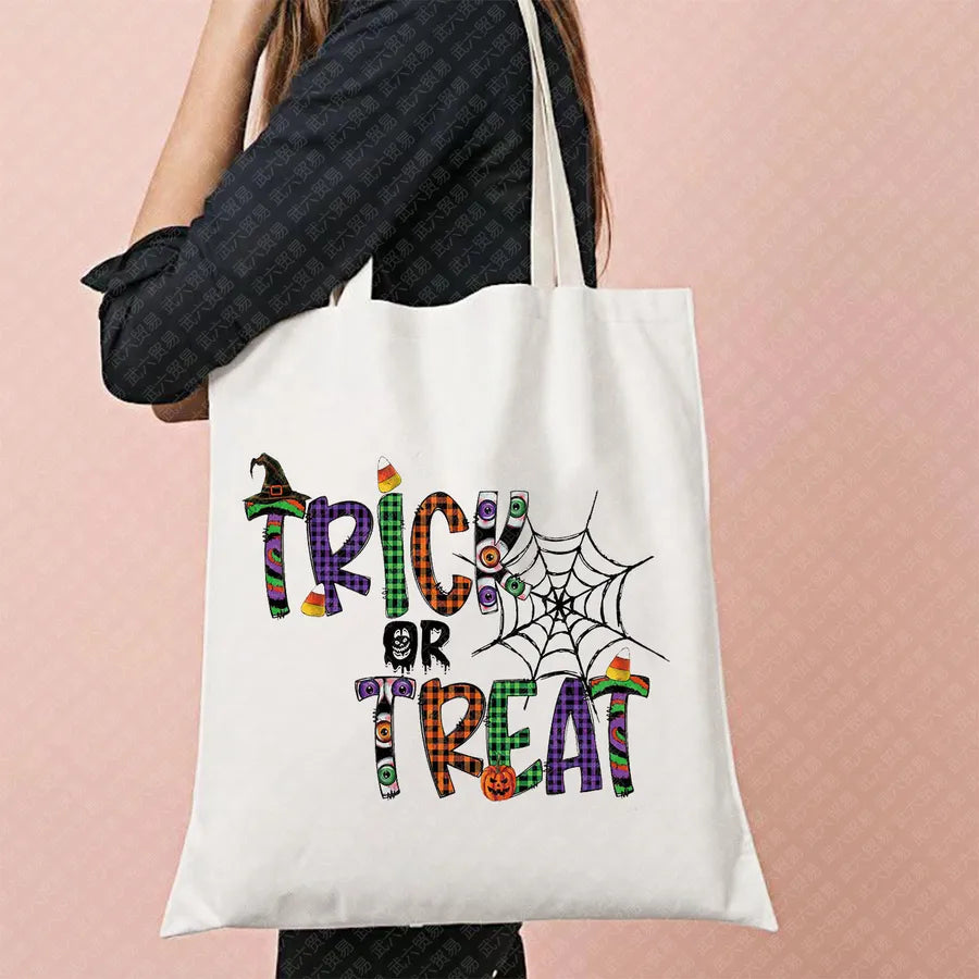 Scary Cat Halloween Pumpkin Pattern Canvas Tote Bag Reusable Shopping Bag Large Square Shape Double Shoulder Strap Tote Bag