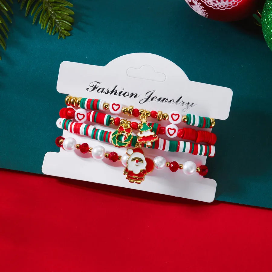 Christmas Themed Bracelet Set Snowflake Santa Pendant Elastic Rope Chain Adjustable Clasp Soft Ceramics Alloy Festive Jewelry