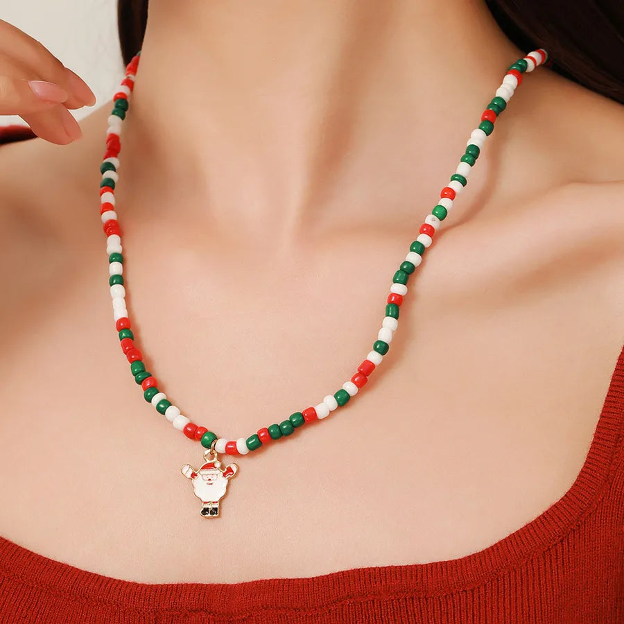 Christmas Themed Double Layered Necklace With Santa Claus Design Glass Beads Clavicle Chain Jewelry Accessory For Unisex Use