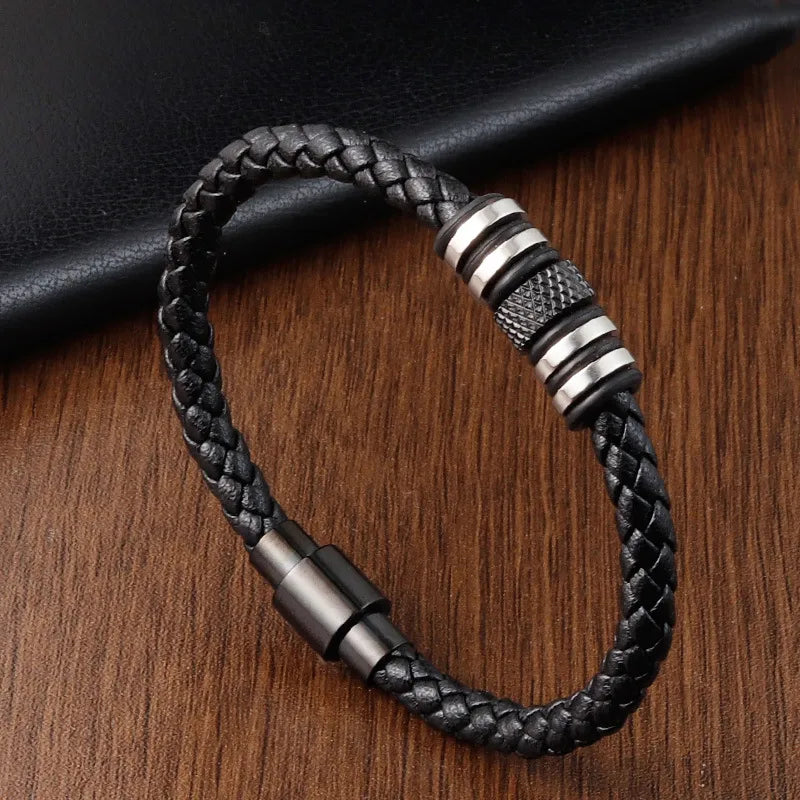 Casual Vintage Style Geometric Pu Leather Titanium Steel Woven Chain Wrap Bracelets Wholesale