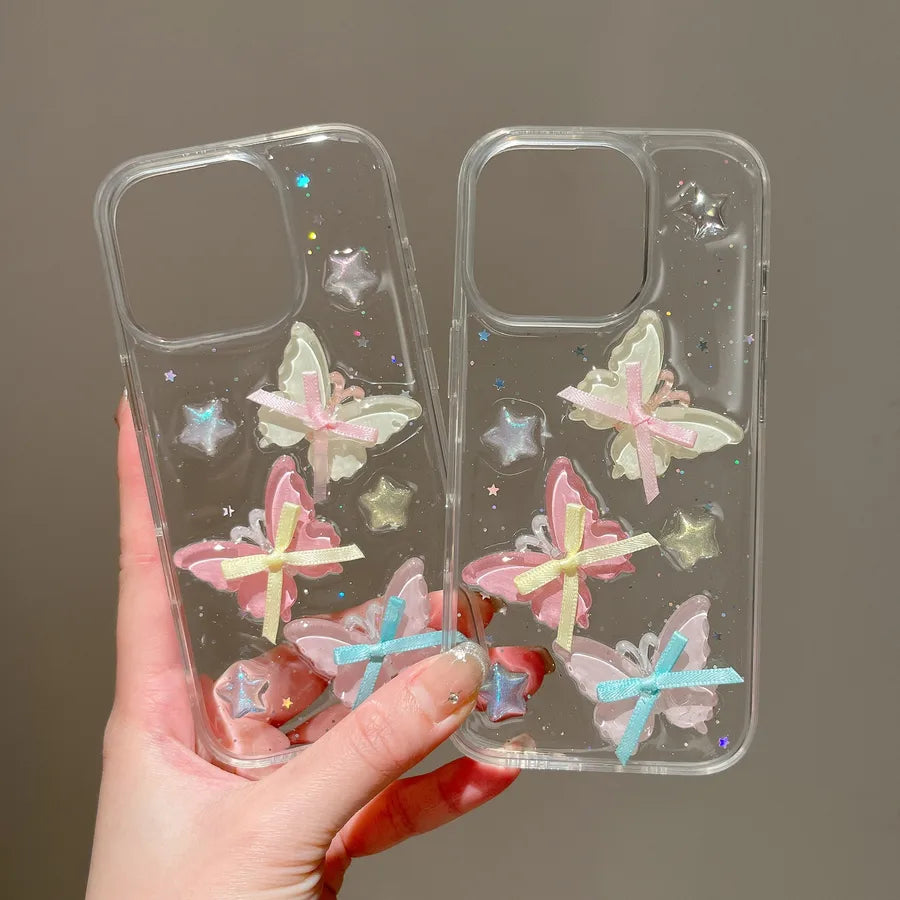 Trendy Butterfly Knot Silk Ribbon Phone Case For iPhone 16 Apple 15/14 Pro Max Women's 13 Silicone Transparent Color Drip Glue