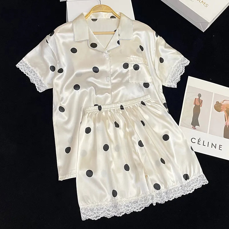 Home Women's Casual Polka Dots Satin Shorts Sets Pajama Sets