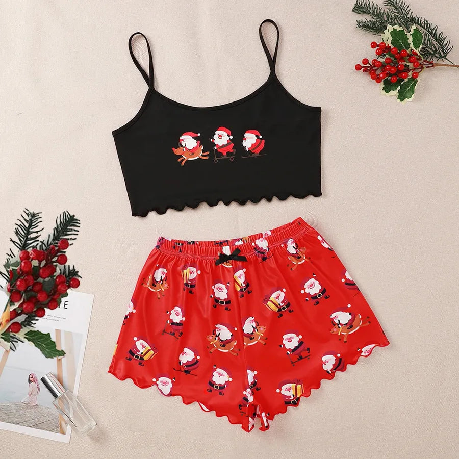 Home Festival Women's Christmas Printing Polyester Milk Fiber Printing Shorts Sets Pajama Sets