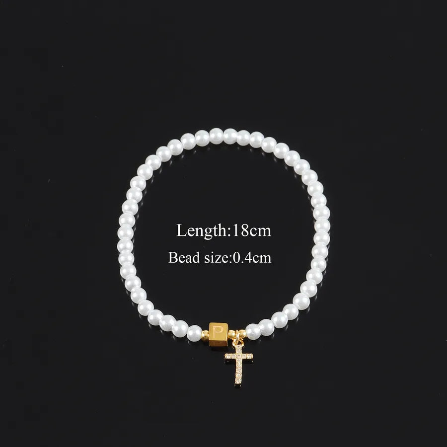 Casual Elegant Classic Style Cross Letter 304 Stainless Steel Artificial Pearl Copper Beaded Chain Beaded Bracelets Wholesale