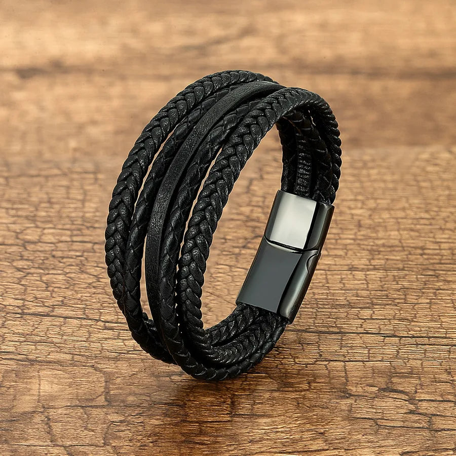 Vintage Style Punk Geometric 316 Stainless Steel  Pu Leather Layered Handmade Metal Button Men's wristband