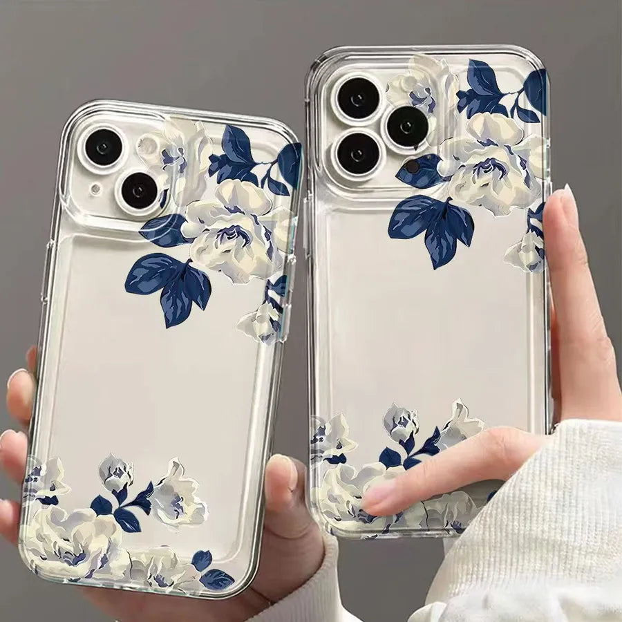 Elegant Blue Floral Design Phone Case For iPhone 15 Pro Max Transparent Space Style Apple 14 Hole Precision TPU Protective Cover