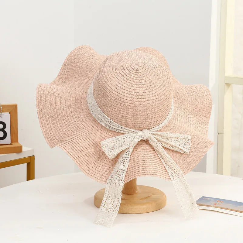 Summer Butterfly Knot Sash Straw Hat Beach Outing Sunscreen UV Protection Sun Hat Simple Design Other Print Adult Cap