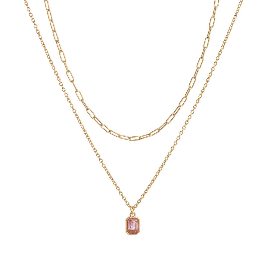 Wholesale Jewelry Lady Simple Style Shiny Rectangle 304 Stainless Steel Zircon 18K Gold Plated Paperclip Chain cable chain Double Layer Necklaces