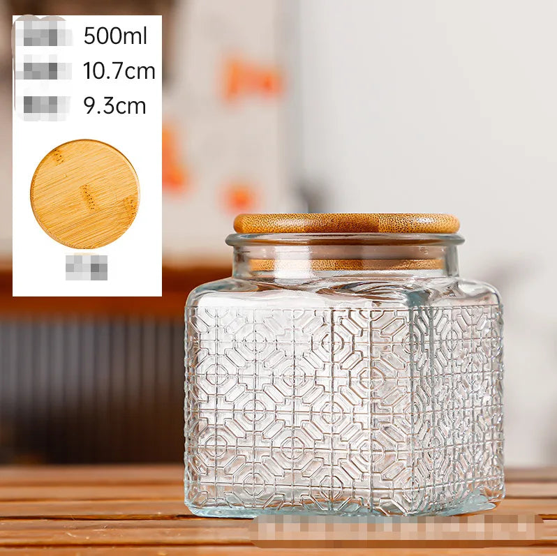 Glass Embossed Glass Sealed Jar Square Storage Jar Snack Dried Fruit Storage Jar Kitchen Household Glass Jar Vintage