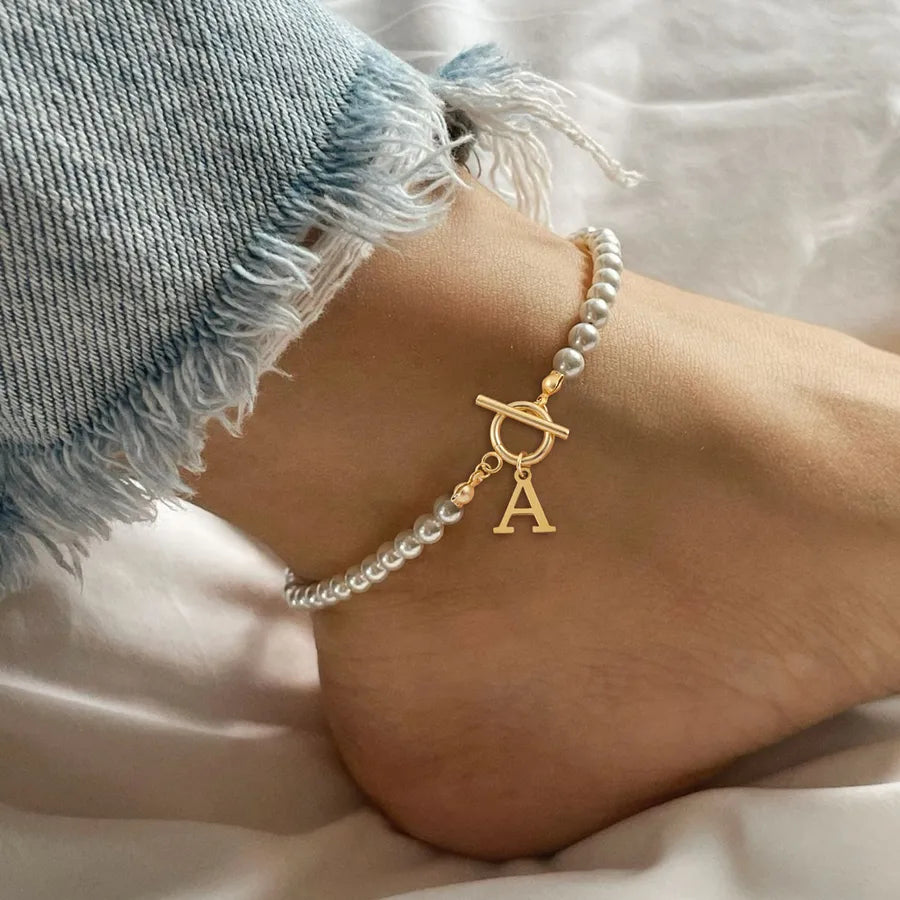 Wholesale Jewelry Elegant Simple Style Classic Style Letter 304 Stainless Steel Artificial Pearl Anklet