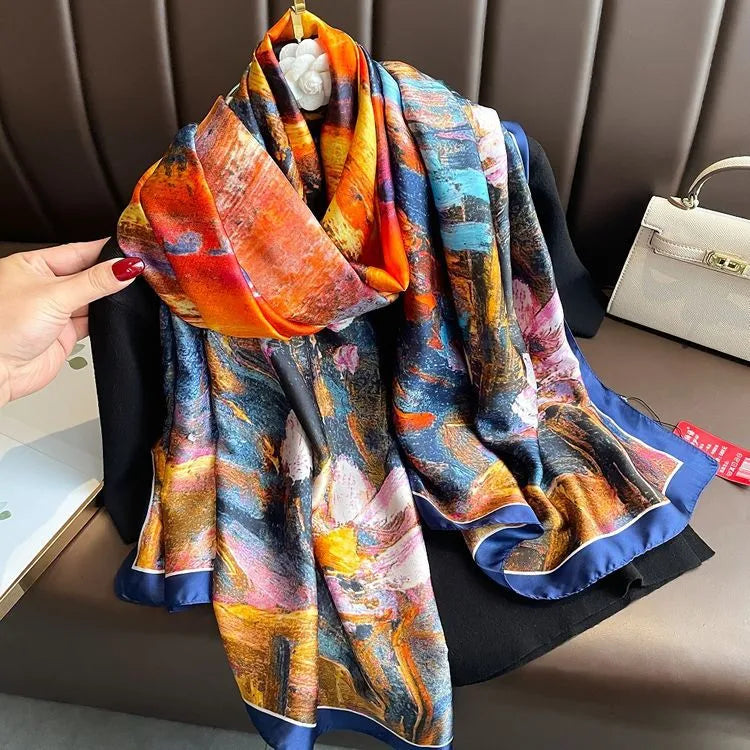 women's fashion letter plaid satin printing silk scarves