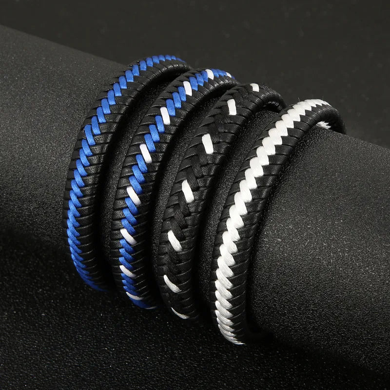 simple style geometric color block stainless steel cotton rope cowhide unisex wristband