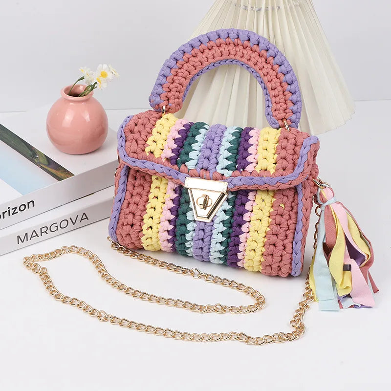 INS Internet Celebrity  Hot Selling Hand Crocheted Women's Bag, Contrast Color Cloth Stripe Woven Crossbody Bag, Rainbow Color Shoulder