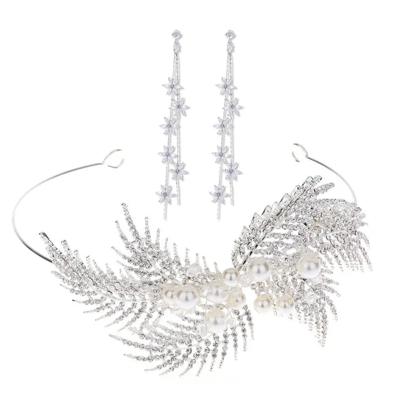 korean style rhinestone crown earrings set wedding hair accessories