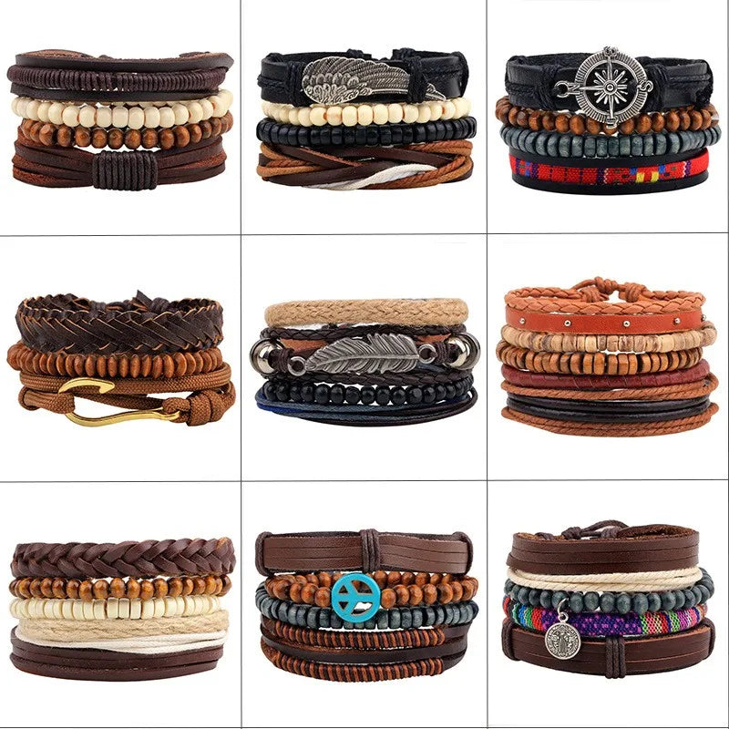 casual letter feather wings pu leather alloy beaded patchwork men's bracelets