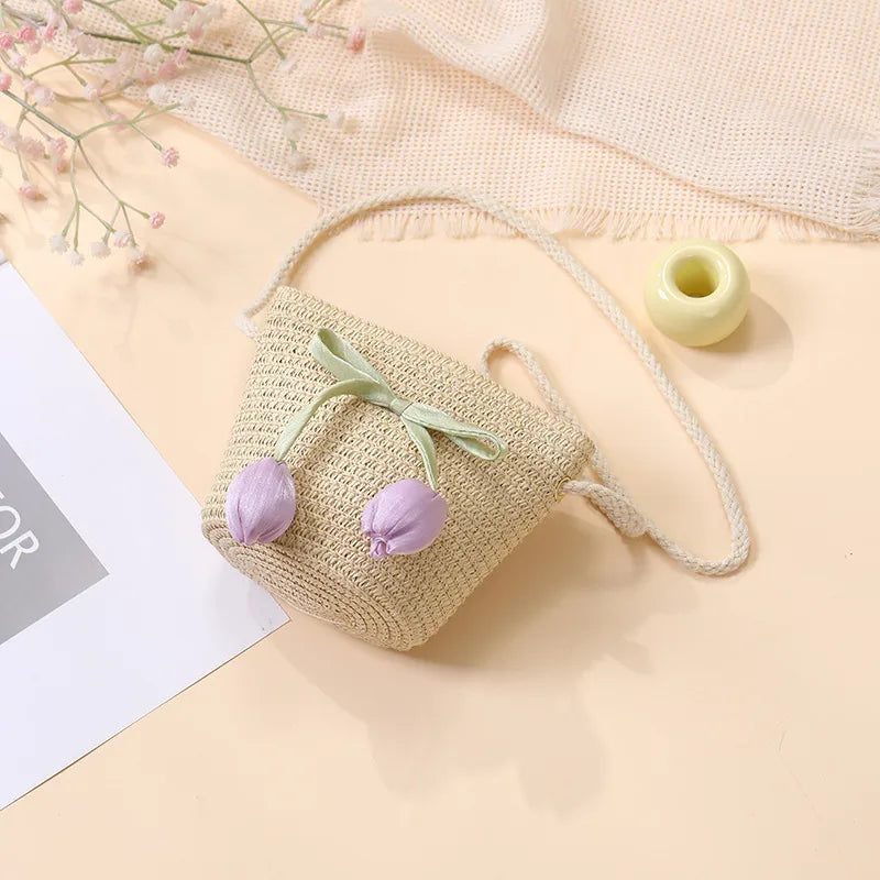 Summer Beach Seaside Tulip Straw Woven Bag  New Children Flower Straw Bag Mobile Phone Crossbody Bag