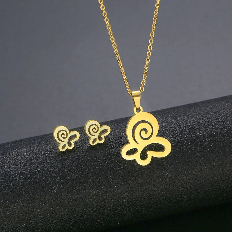 Wholesale Jewelry IG Style Casual Streetwear Moon Hand Of Fatima Butterfly 201 Stainless Steel cable chain Small Stud Earrings Necklace