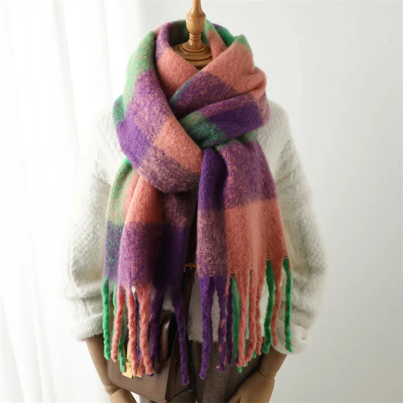 women's casual plaid imitation cashmere tassel scarf