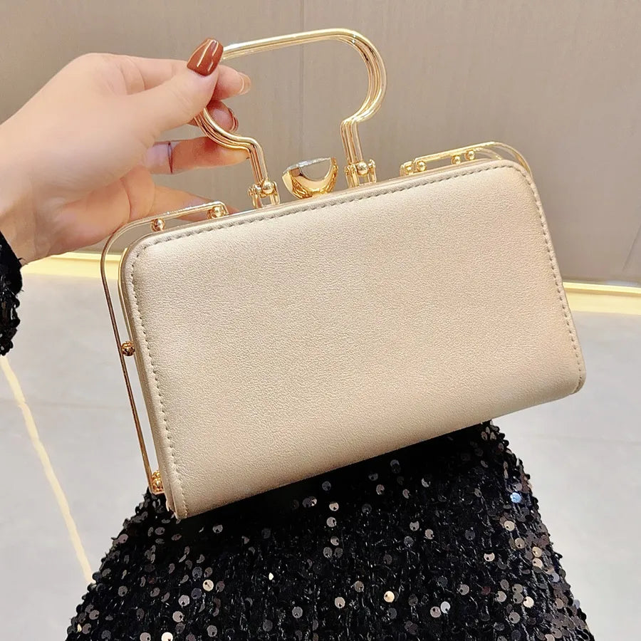 Gold Silver Black Pu Leather Solid Color Pearls Square Evening Bags