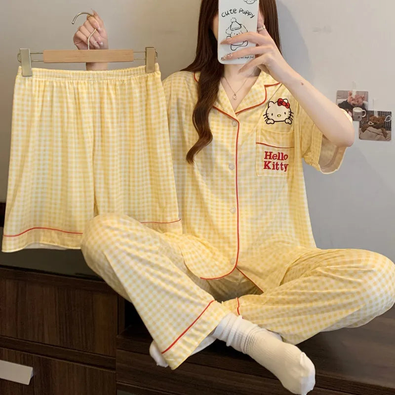 Sweet Heart Plaid Long Sleeve Sleepwear Set Women's Home Clothes Spring Autumn Season Polyester Milk Silk Thin Breathable Casual