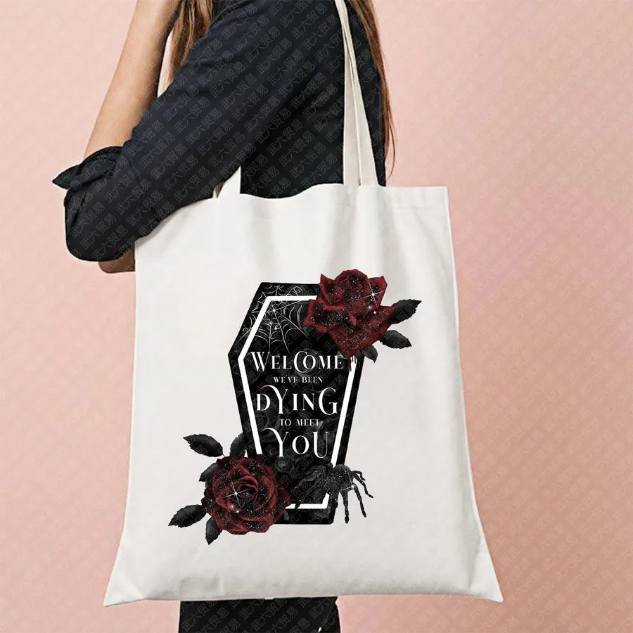 Halloween Movie Pattern Canvas Tote Bag Reusable Shopping Shoulder Bag Travel Large Square Printed Handbag Retro Style Women