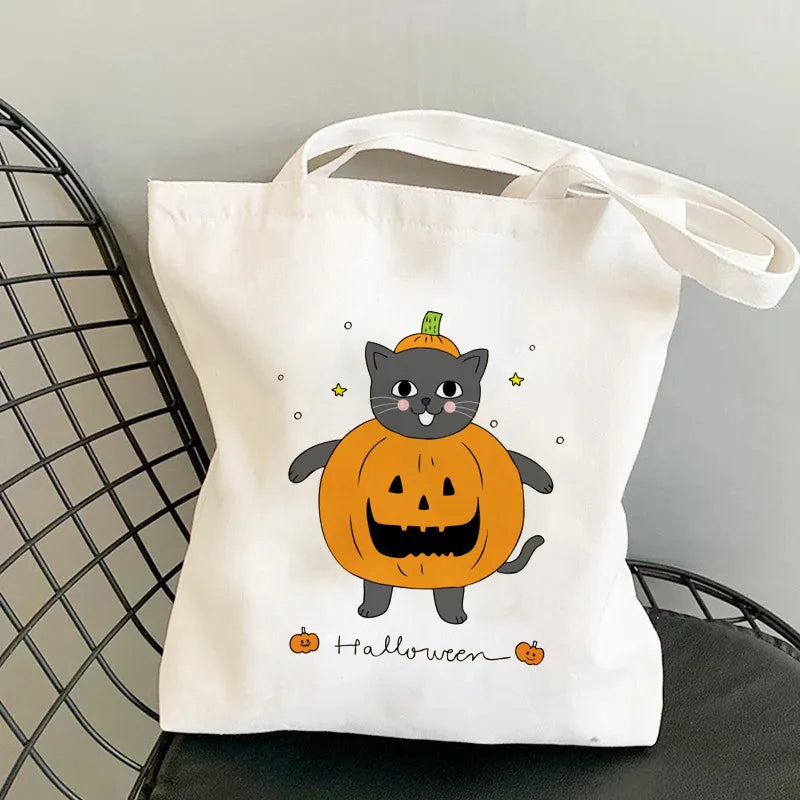 Halloween Women's Medium Canvas Pumpkin Cat Cute Square Open Underarm Bag
