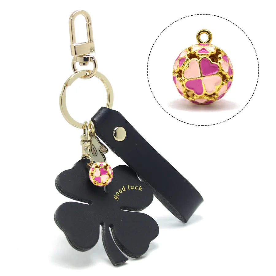 Lucky Four-Leaf Clover Car Leather Key Chain Pendant Internet Celebrity Valentine's Day Gift Four-Leaf Clover Bell Pendant