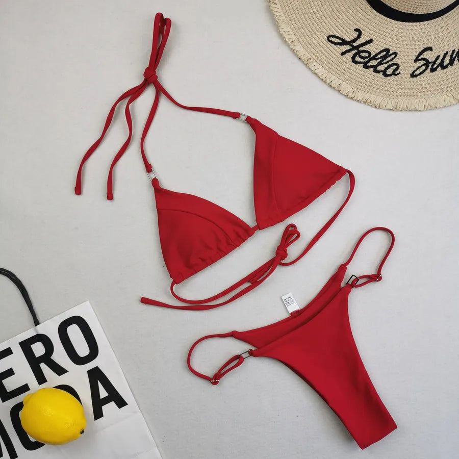 women's solid color 2 pieces set bikinis