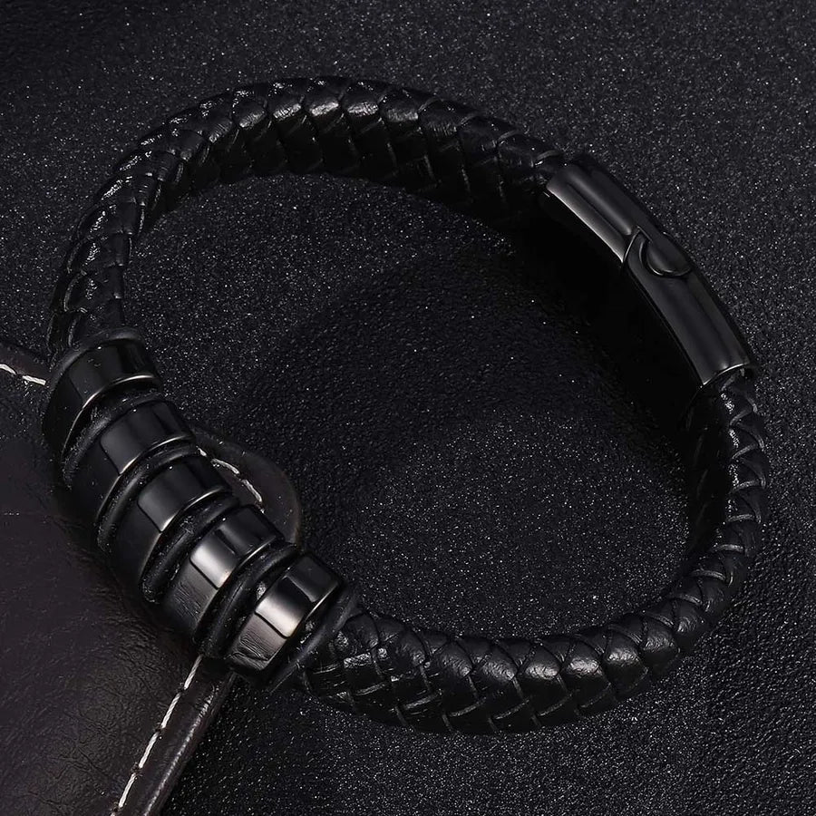 Leather rope bracelet men's stainless steel leather woven bracelet handmade metal leather bracelet jewelry