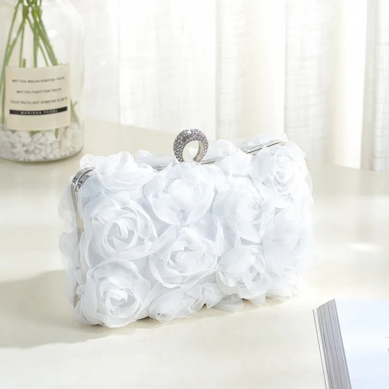 New Rose Flower Shaped Wedding Handbag Fashionable Evening Clutch Bag Nightclub Dress Bag Silk Square Handbag Fresh Sweet Style
