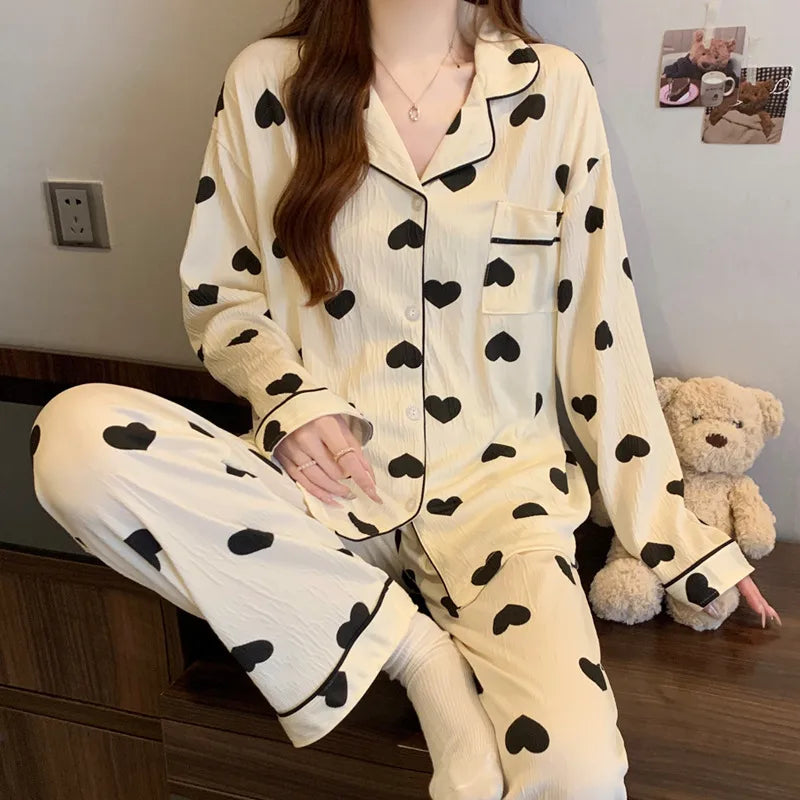 Sweet Girl Heart Print Open Cardigan Sleepwear Long Sleeve Crepe Home Clothes Set Spring New Style Casual Breathable Polyester