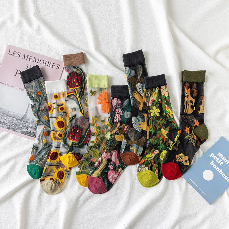 women's japanese style flower nylon crew socks a pair
