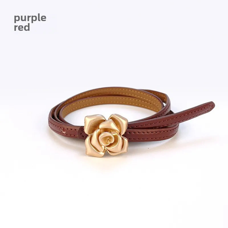 New Genuine Leather Women's Thin Belt Women's Flower Waist Slim Cowhide Women's Belt with Sweater Dress