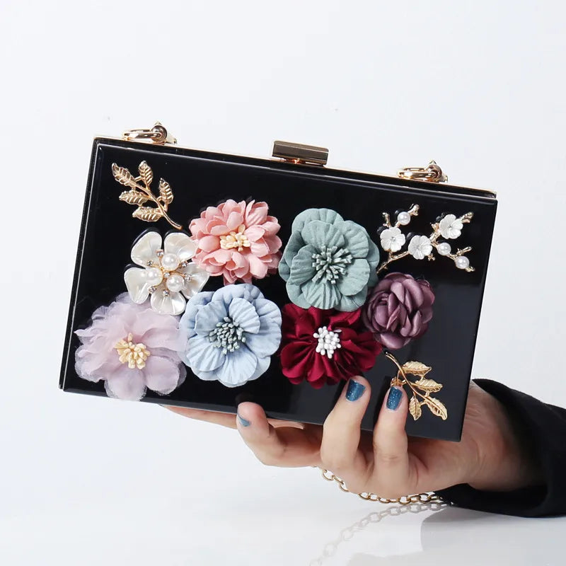 white blue black arylic flower square evening bags