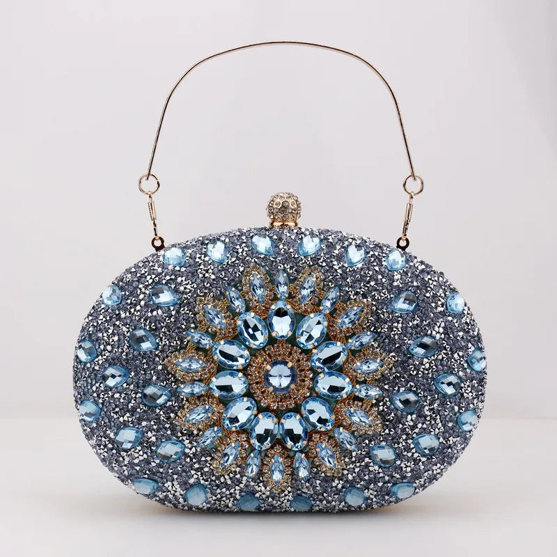 red green blue pu leather polyester flower rhinestone oval evening bags
