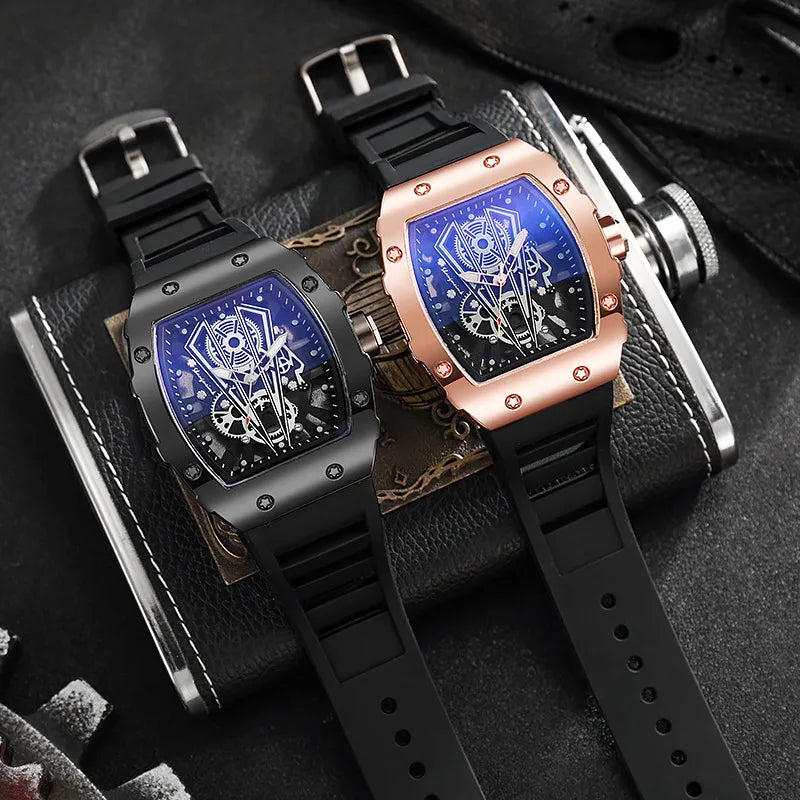 Hollow Richard Wine Barrel   Quartz Watch Men's Silicone Watch Men's Business Calendar Sports Watch