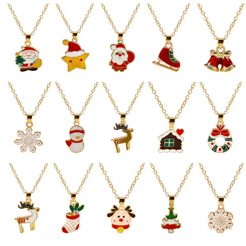 Christmas Elements Deer Santa Claus Alloy Pendant Necklace Christmas Socks Drop Oil Bell Pendant Best Friend Jewelry