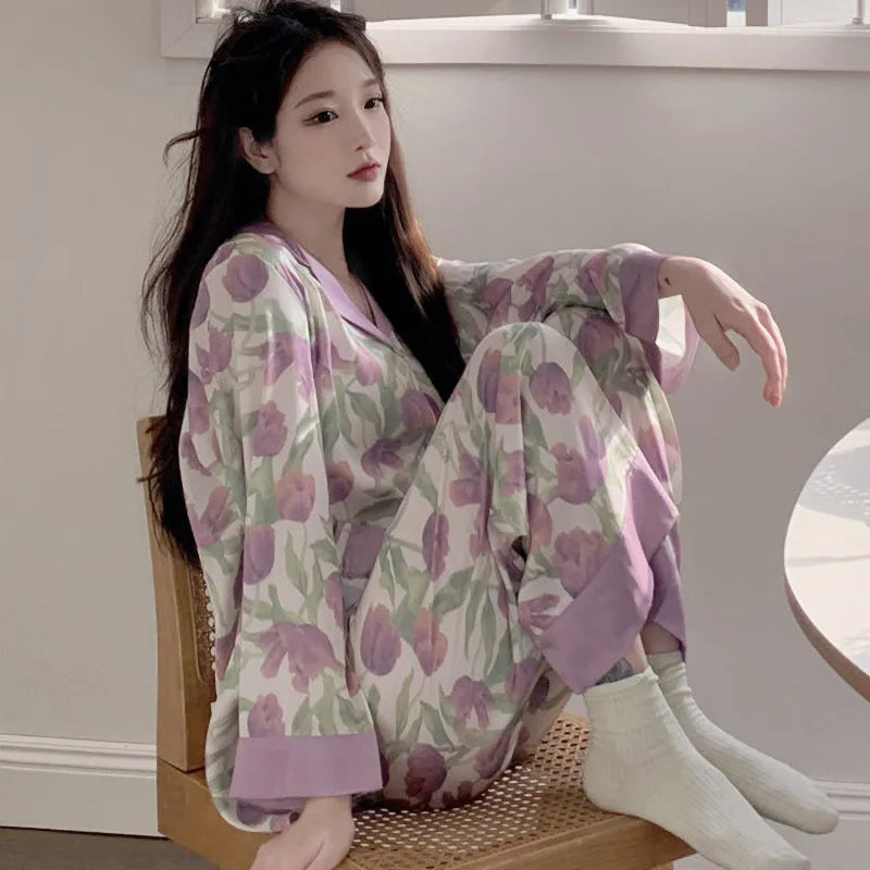 Pure Color Lace Splice Smooth Ice Silk Sleepwear Set Women Long Sleeve Long Pants Two Piece Set High-End Sensation Home Clothes