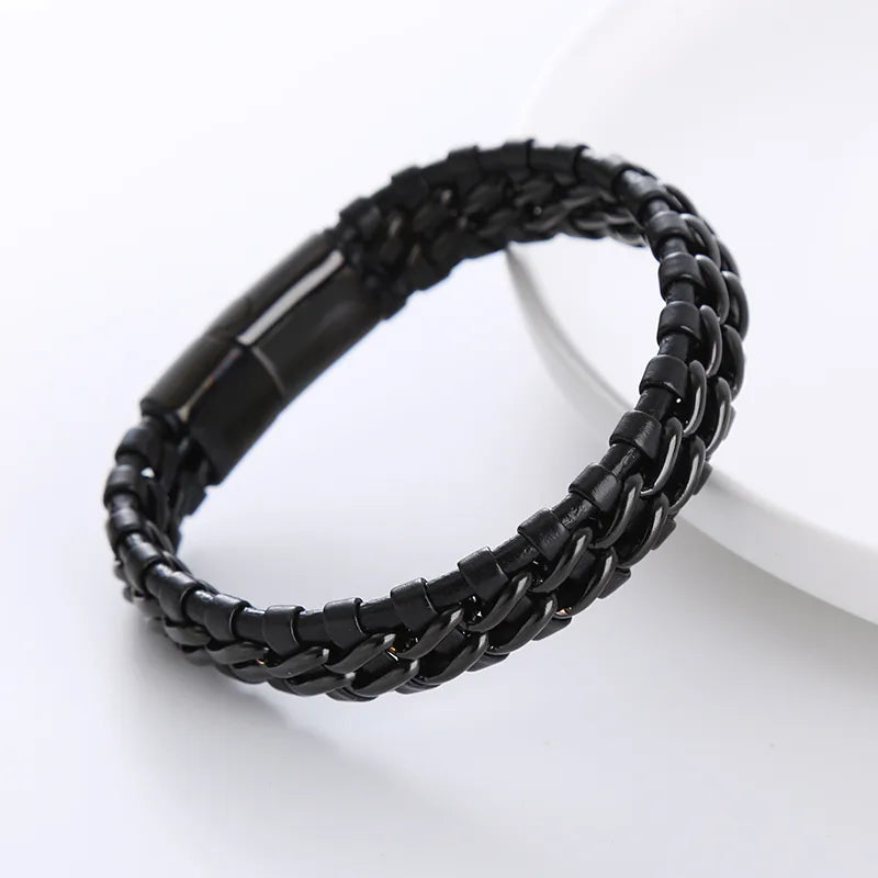 1 piece simple style geometric stainless steel leather patchwork men's bracelets