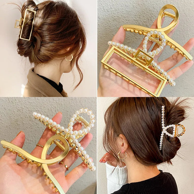 simple style sector shell rectangle imitation pearl rhinestone metal hair claws