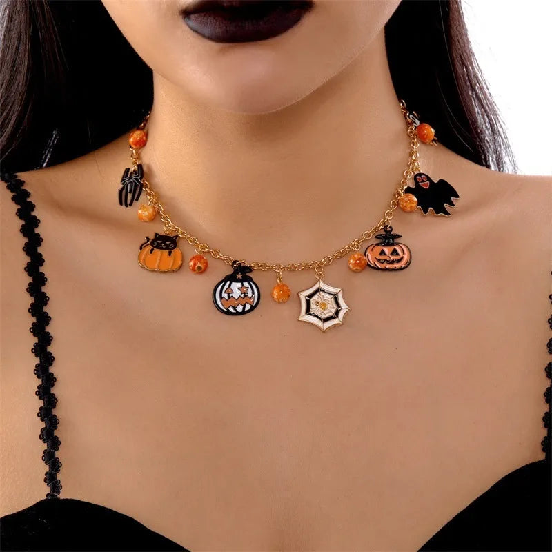 Halloween Themed Cat Pumpkin Cartoon Pendants Dark Style Alloy Necklaces Unisex Festival Atmosphere Sense Joking Jewelry