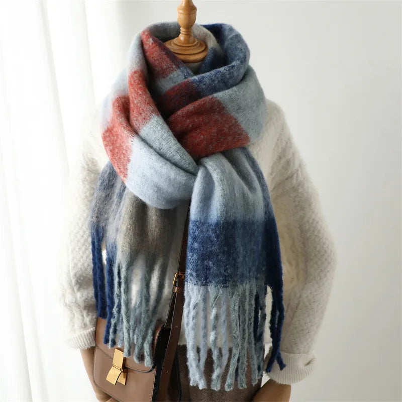 women's casual plaid imitation cashmere tassel scarf