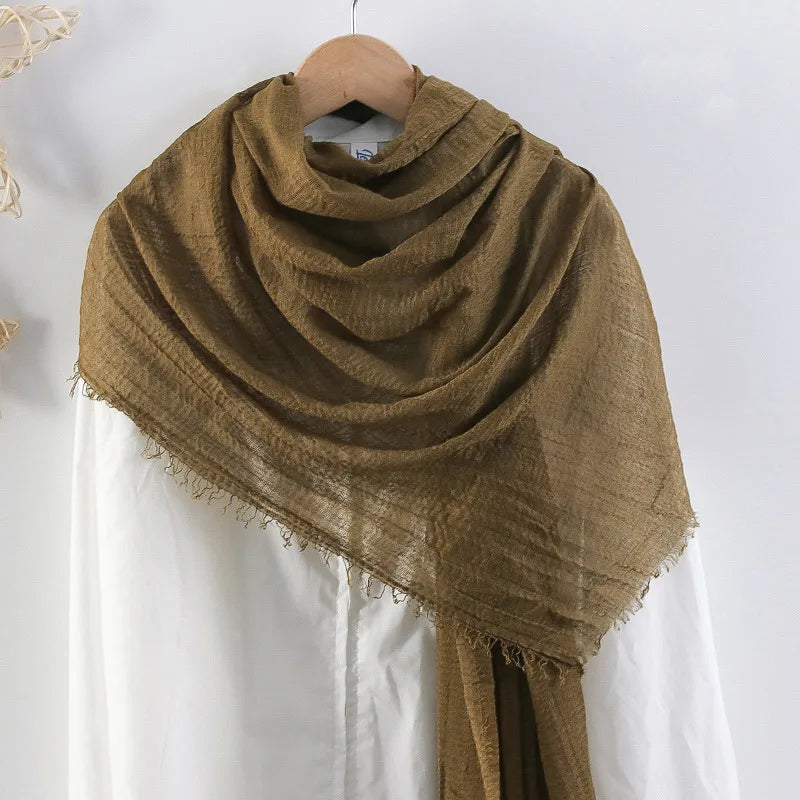 Hot selling solid color pleated cotton and linen scarf  women's bag headscarf crumpled hair fringe bubble scarf women's scarf cover head