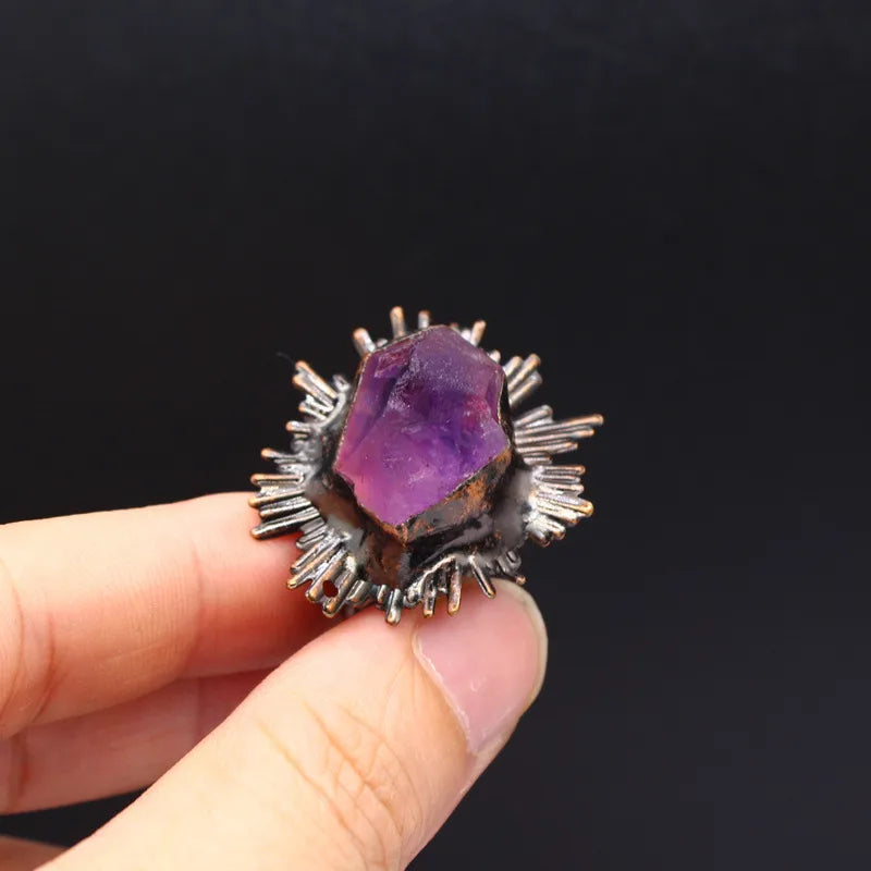Elegant Retro Printing natural stone Copper Natural Stone Open Rings In Bulk