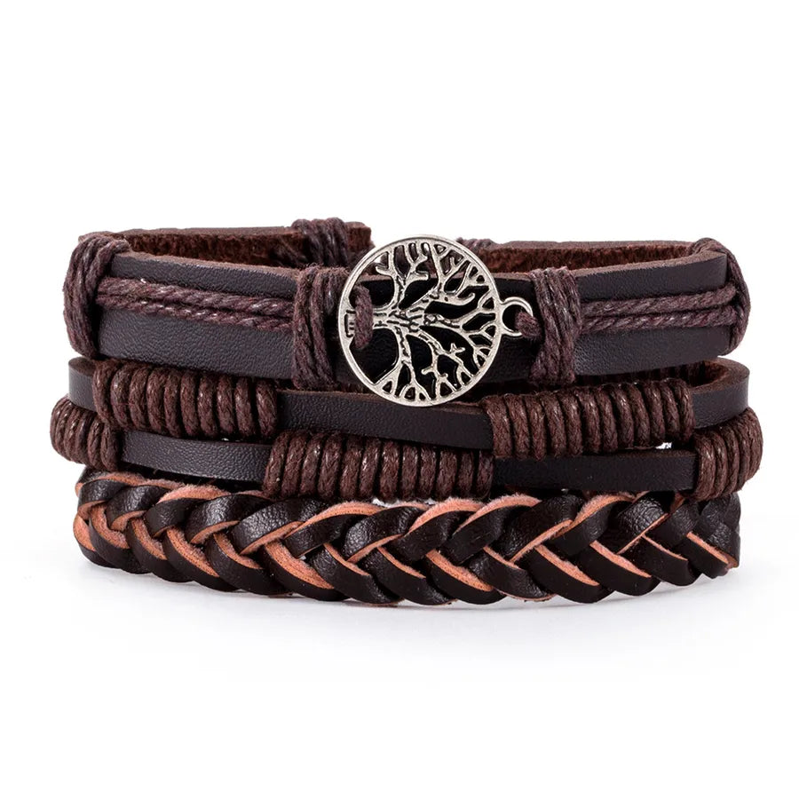 Retro Waves Flower Pu Leather Wood Beaded Men's Bracelets