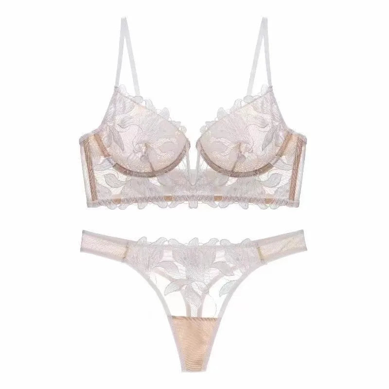 Sexy Deep V Embroidered Lace Underwear Women's Ultra-thin Large Chest Shown Small Gather-up Bra Suit Bra
