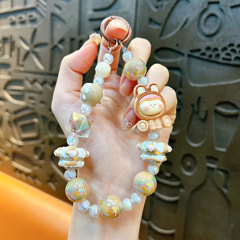 Cute Cartoon Mobile Phone Chain Dopamine Handmade Beaded Key Holder Wristband Style Girls Keychain Acrylic Cute Style