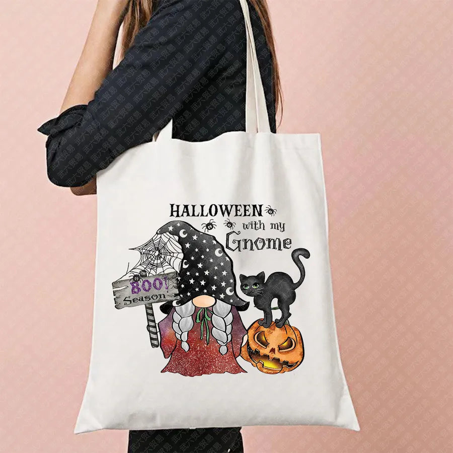 Halloween Witch Pattern Canvas Tote Bag Reusable Shopping Bag For Commuting Traveling Women Large Square Fashionable Bag