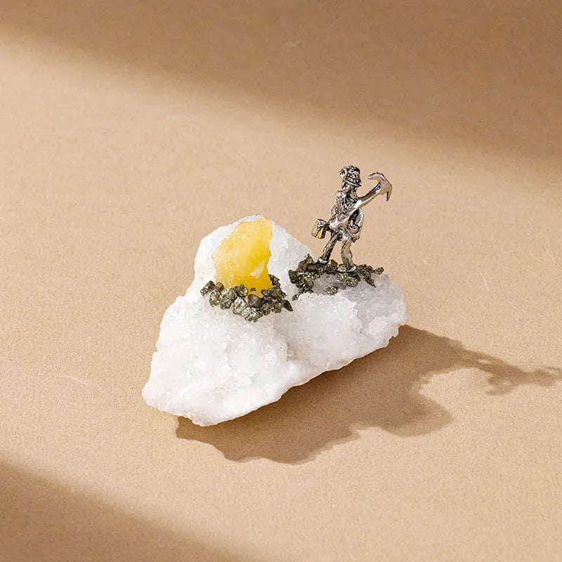 Natural Agate Alloy Silver Miner Ornaments Crystal Raw Stone Crystal Crafts Handmade Home Decoration