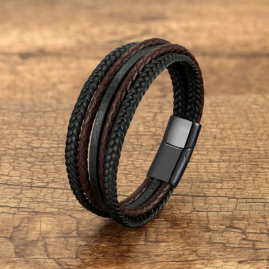 Vintage Style Punk Geometric 316 Stainless Steel  Pu Leather Layered Handmade Metal Button Men's wristband